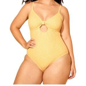 Shade & Shore Yellow Jacquard Knot Front One Piece Swimsuit L